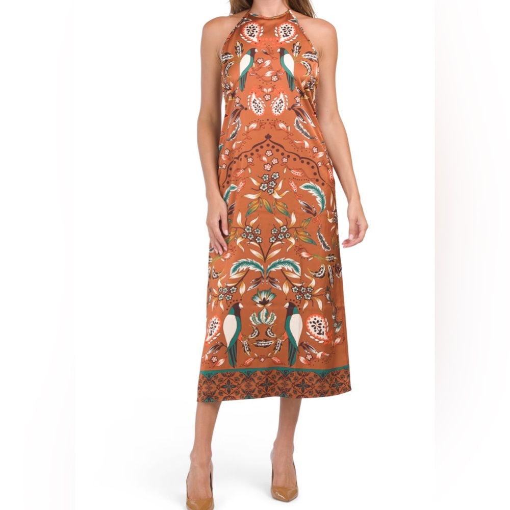 House of Harlow 1960  Satin  53" Long Tassels Halter Maxi Dress in Brown/Teal